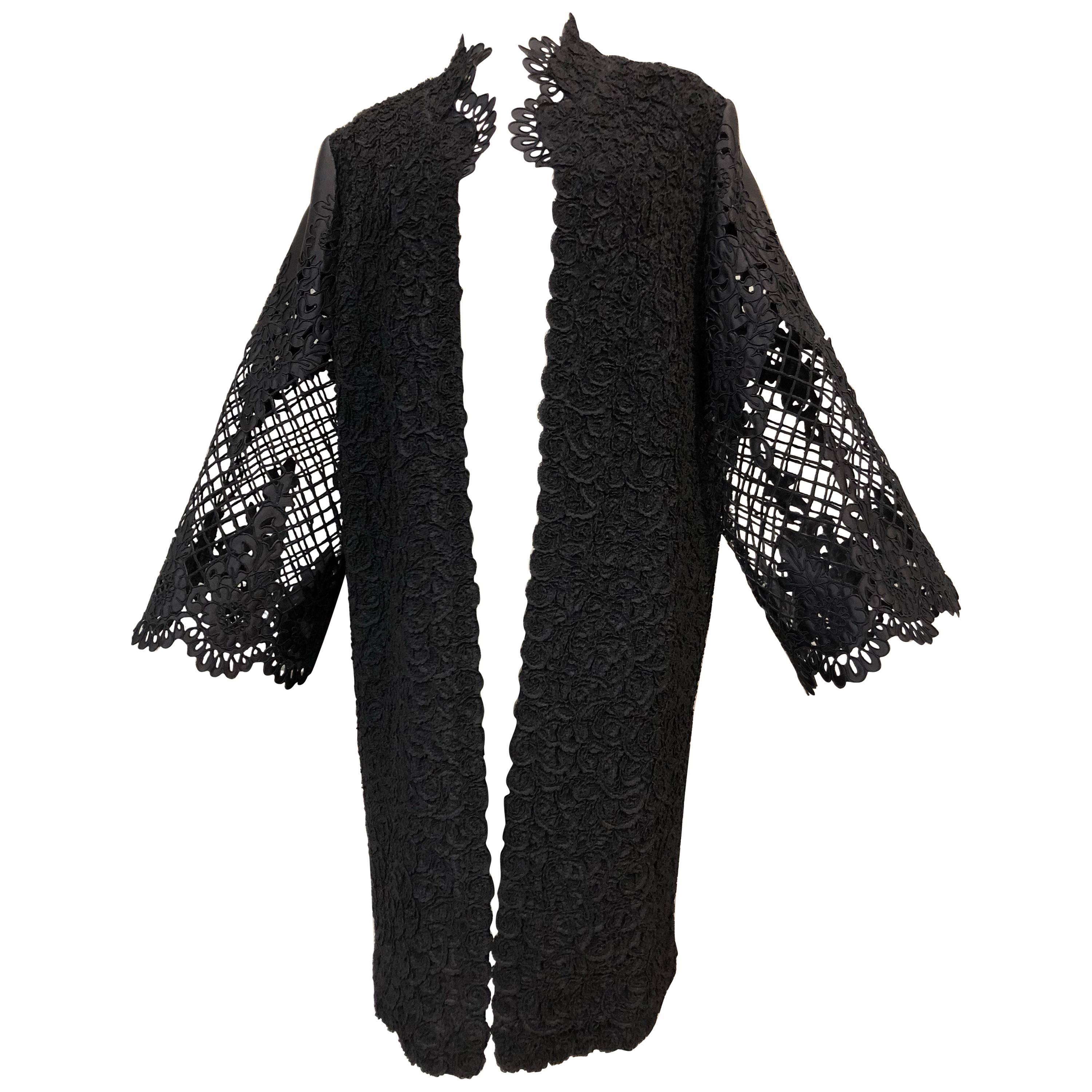 1960s Wool Ribbon Knit Coat W/ Black Satin Machine Lace & Eyelet Flared Sleeves