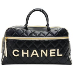 Chanel Vintage Sports Line Black Calfskin Diamond Quilted Leather Boston Bag