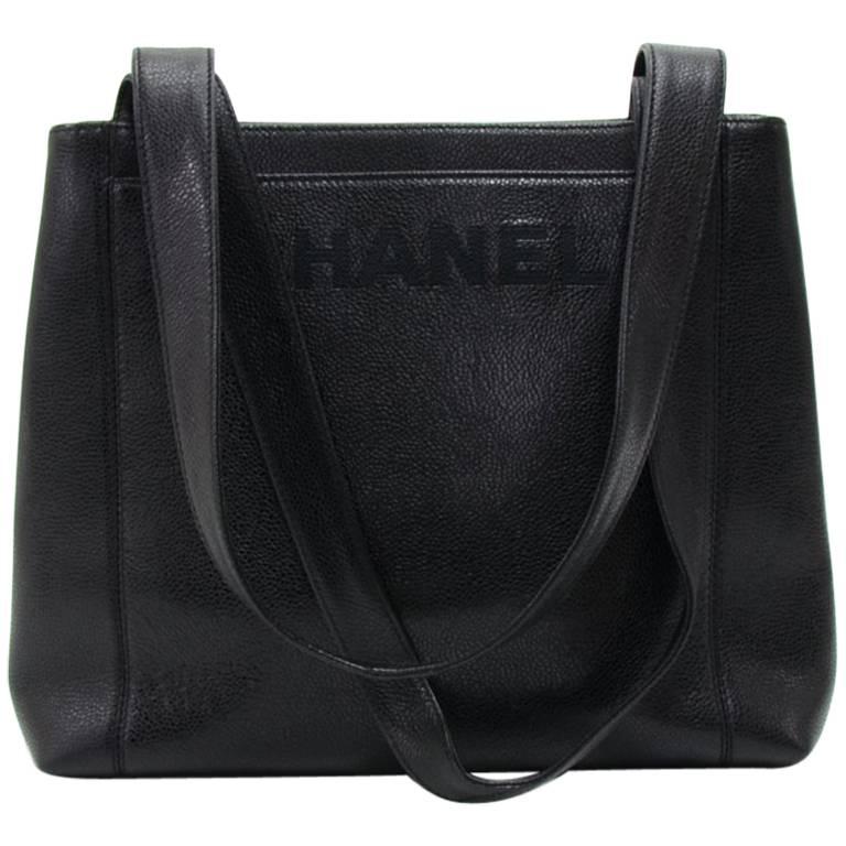 Chanel Vintage Embroidered Black Caviar Leather Shoulder Tote Bag
