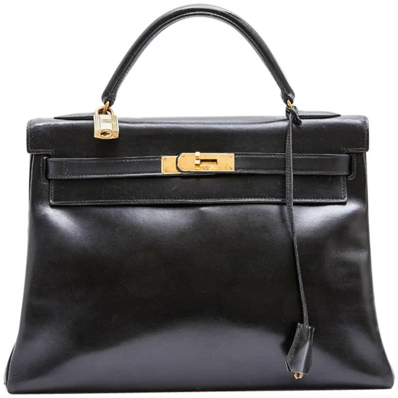 HERMES Vintage 'Kelly 32' Bag in Black Box Leather