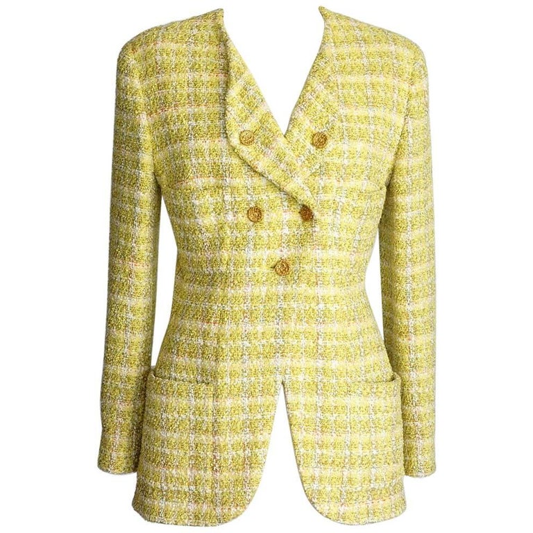 Chanel Jacket Yellow Fantasy Tweed Gold CC Buttons Vintage Fits 8 at