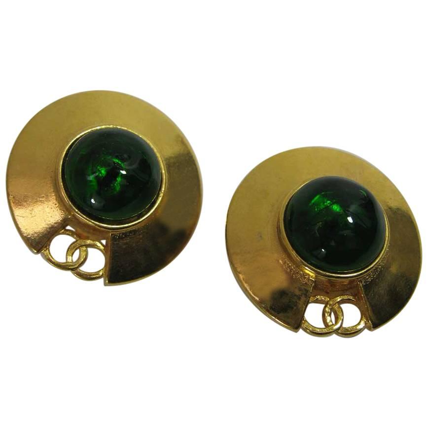 Vintage Chanel CC Saucer Earrings w Green Glass 