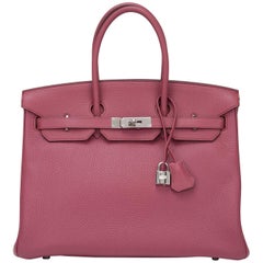 Hermes Bois de Rose Clemence Palladium Hardware Birkin 35cm Bag