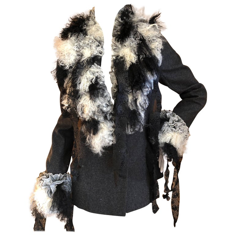 John Galliano Autumn 1995 Jacket w Detachable Elizabethan Ruffle Lace Fur Collar For Sale at 1stDibs