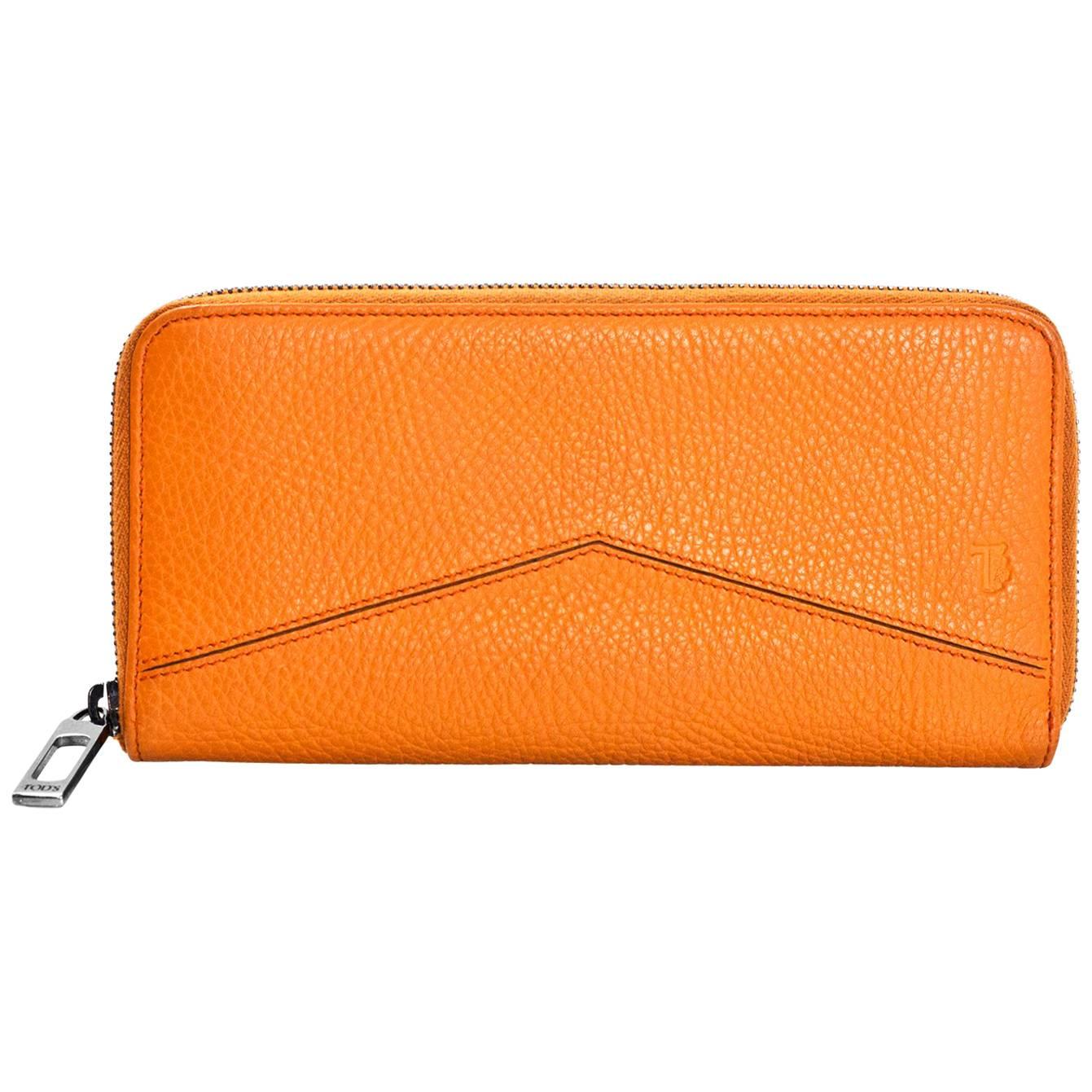 Tod's Orange Leather Zip Around Wallet with Box