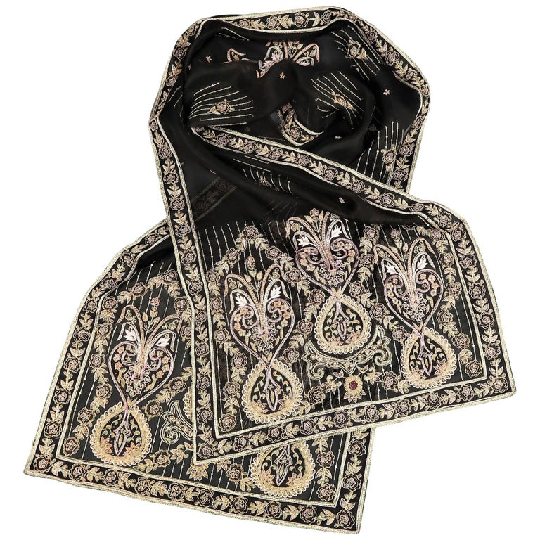 NEIMAN MARCUS Black Gold Ornate Floral Beaded Embroidered Silk Shawl at ...