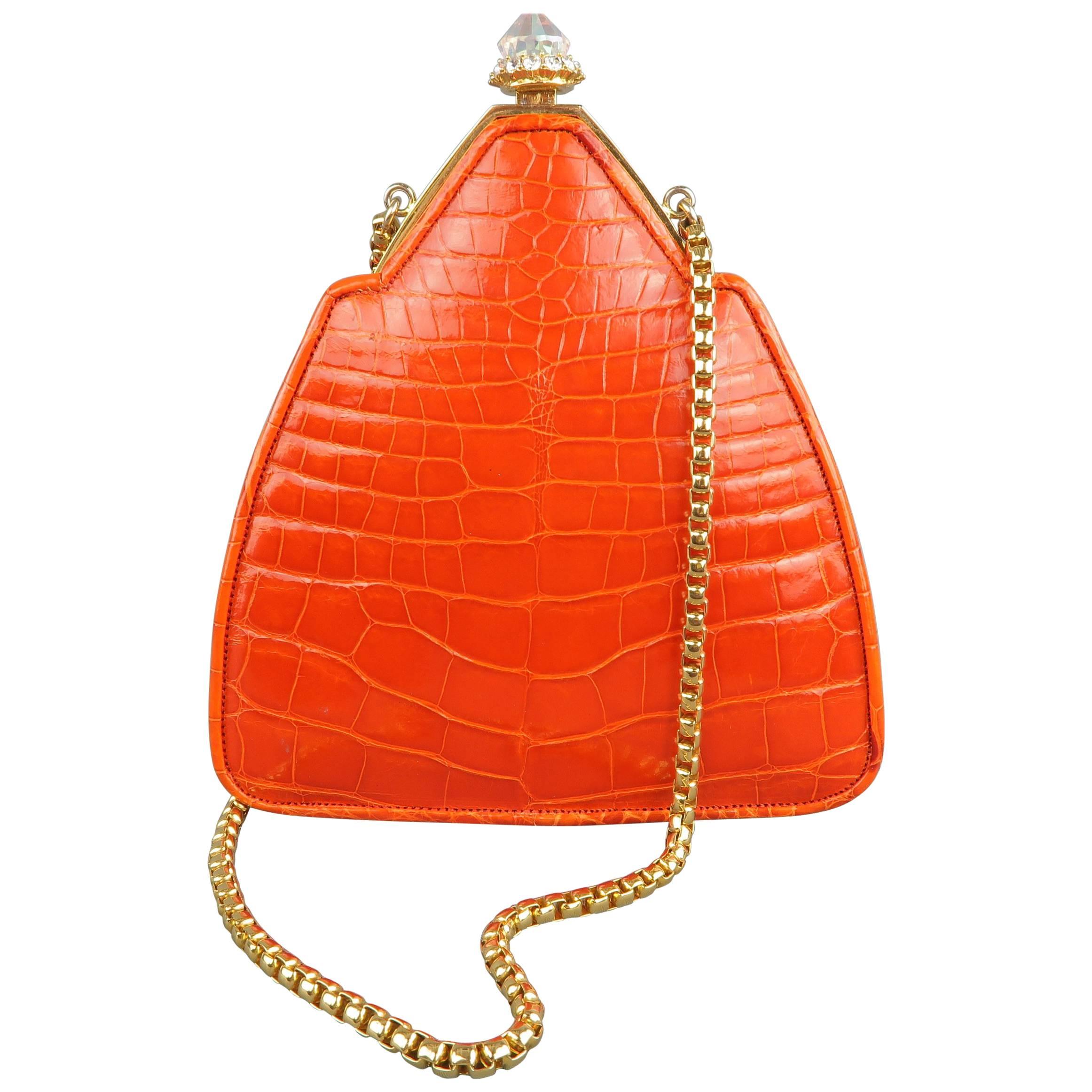 Judith Lieber Handbag Orange Alligator Leather Aurora Borealis Gold Chain Mini