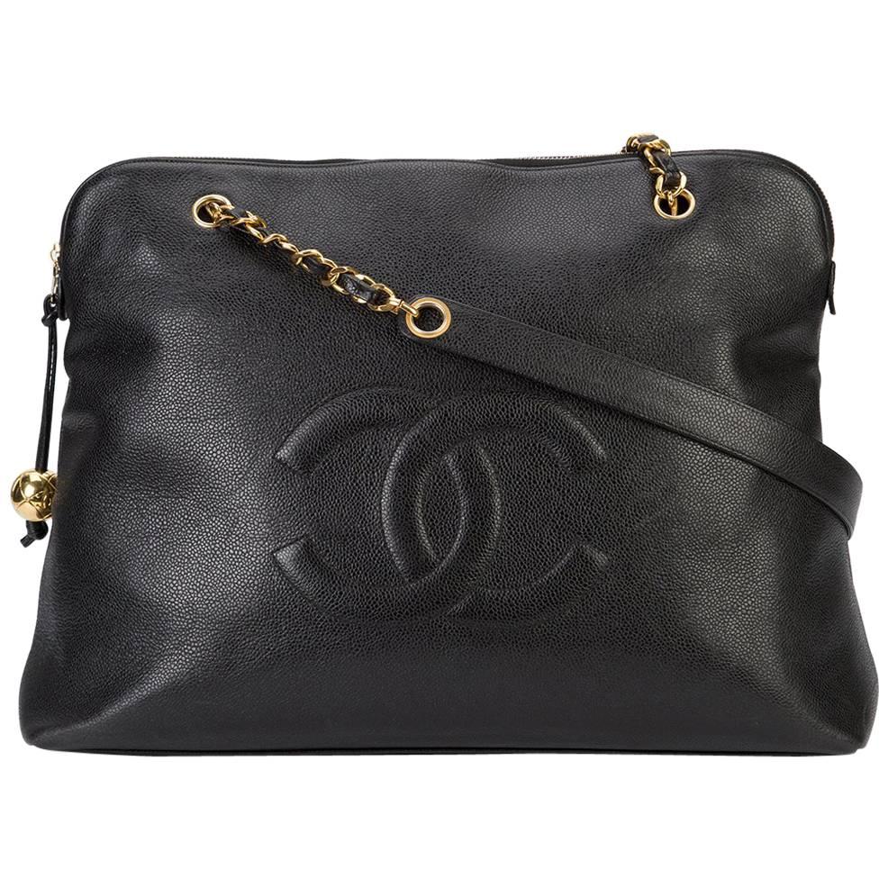 Chanel Black Caviar Leather Carryall Shopper Weekender Travel Shoulder Bag