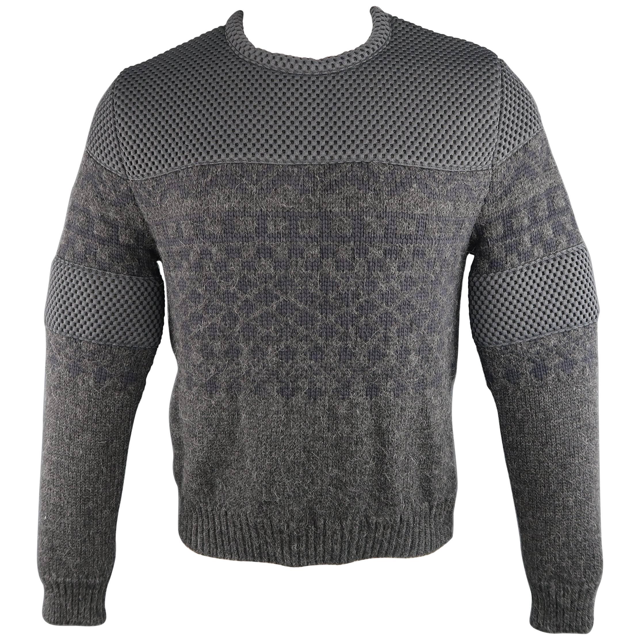 Calvin Klein Collection Men's Dark Gray Alpaca Knit and Mesh Crewneck Sweater