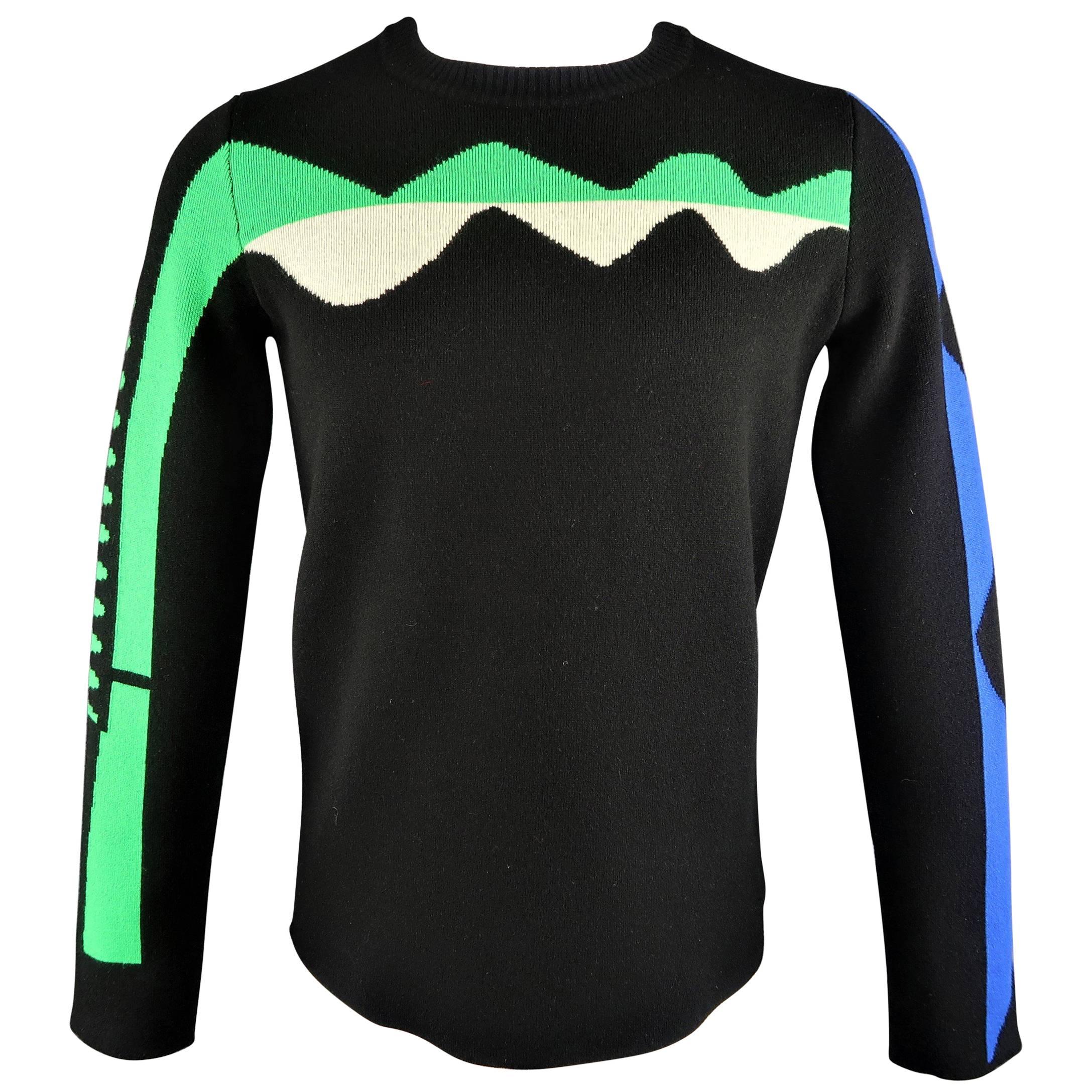 Men's JIL SANDER Size M Black Cream Green & Blue Color Block Cashmere Sweater