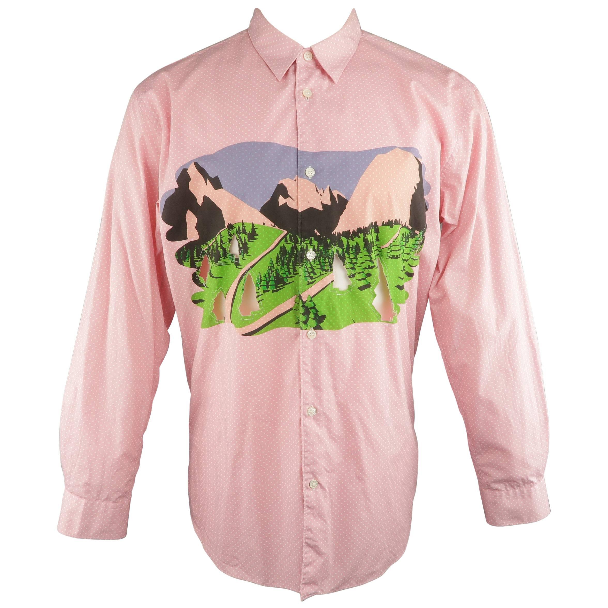 COMME des GARCONS Size XL Pink Polka Dot Forest Print Cutout Long Sleeve Shirtq