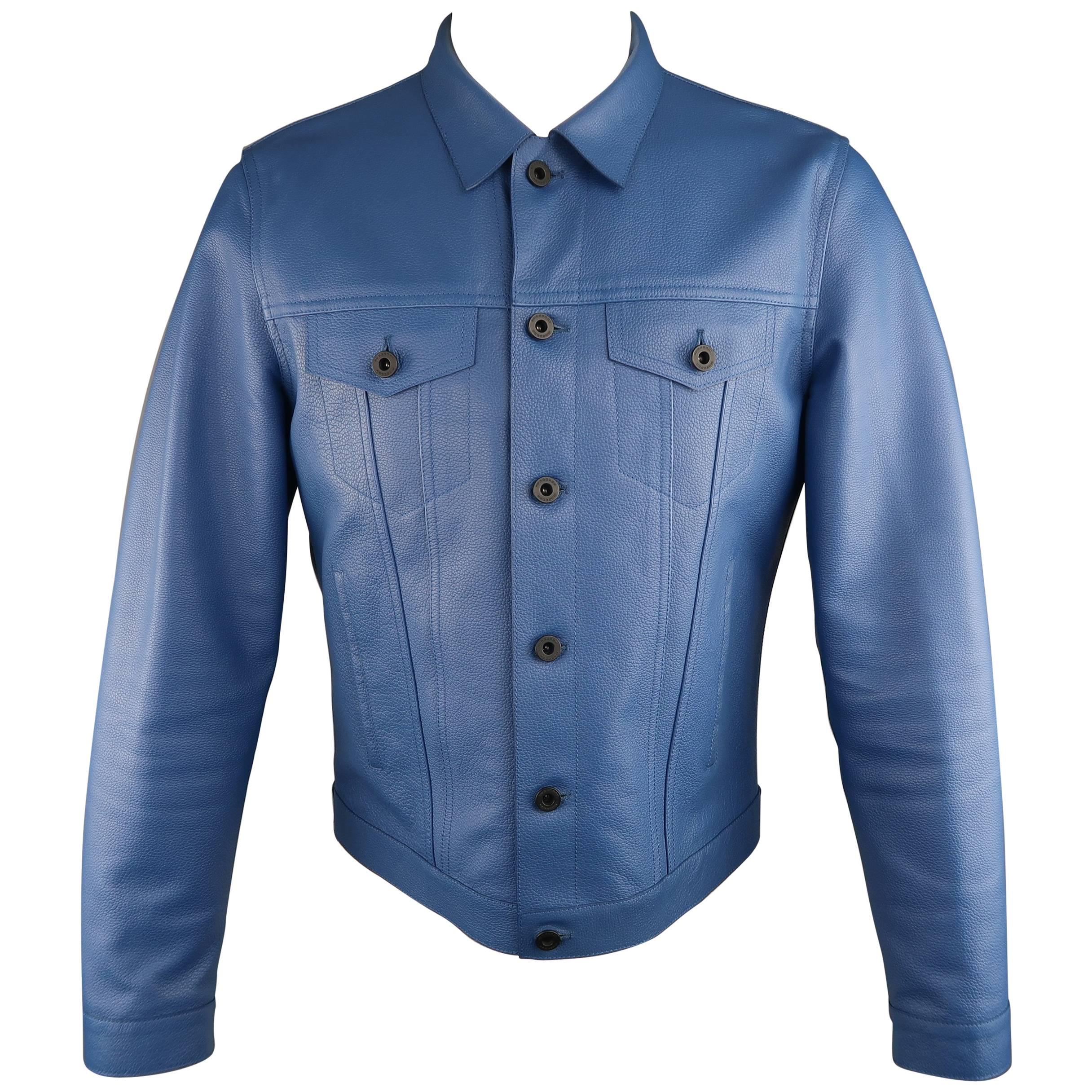Burberry Prorsum Men's Royal Blue Pebbled Lambskin Leather Trucker Jacket 