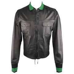 Lanvin Leather Jacket - Black Leather Fringe Trim Green Collar Bomber Coat