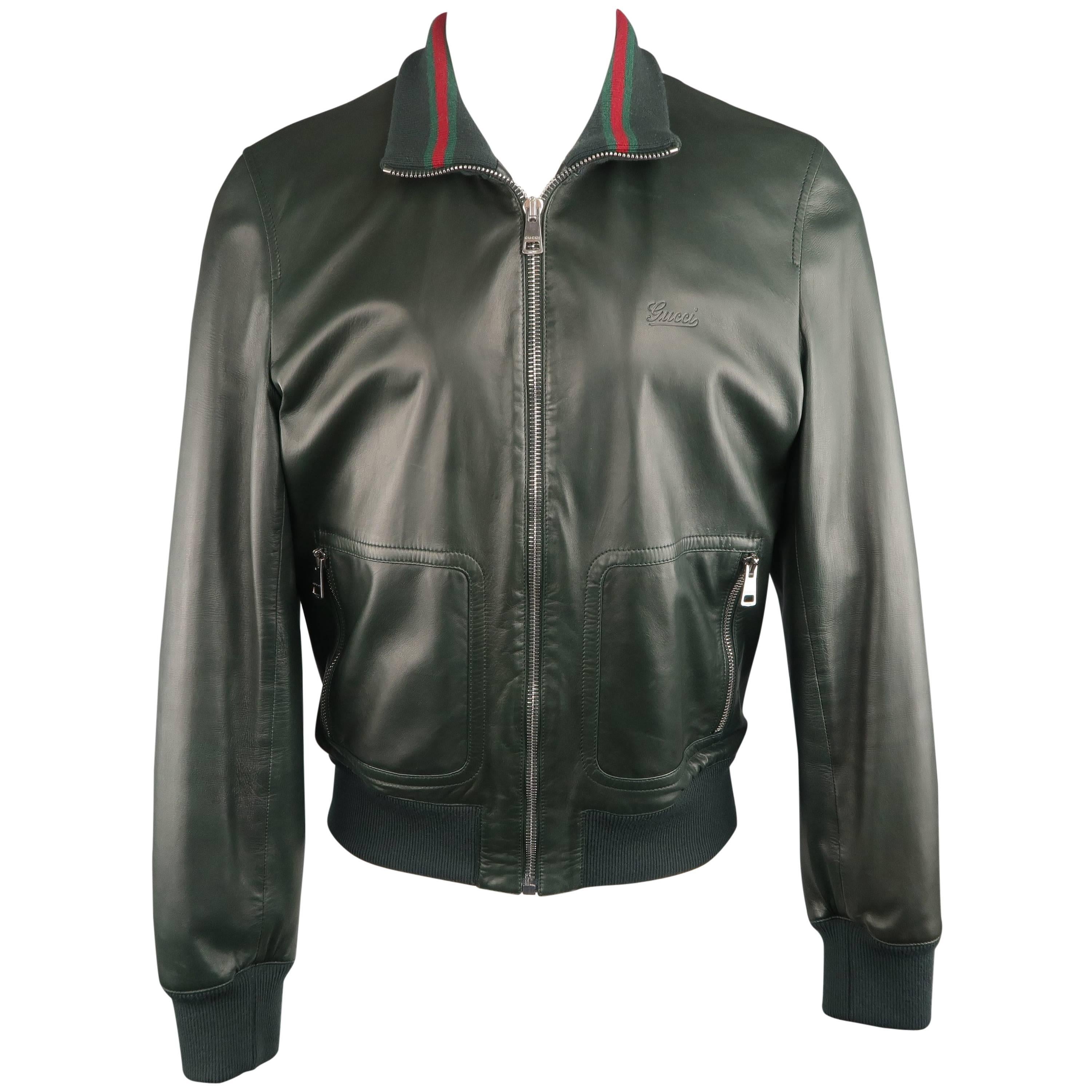 Gucci Men's Forest Green Leather Striped Collar Bomber Jacket  