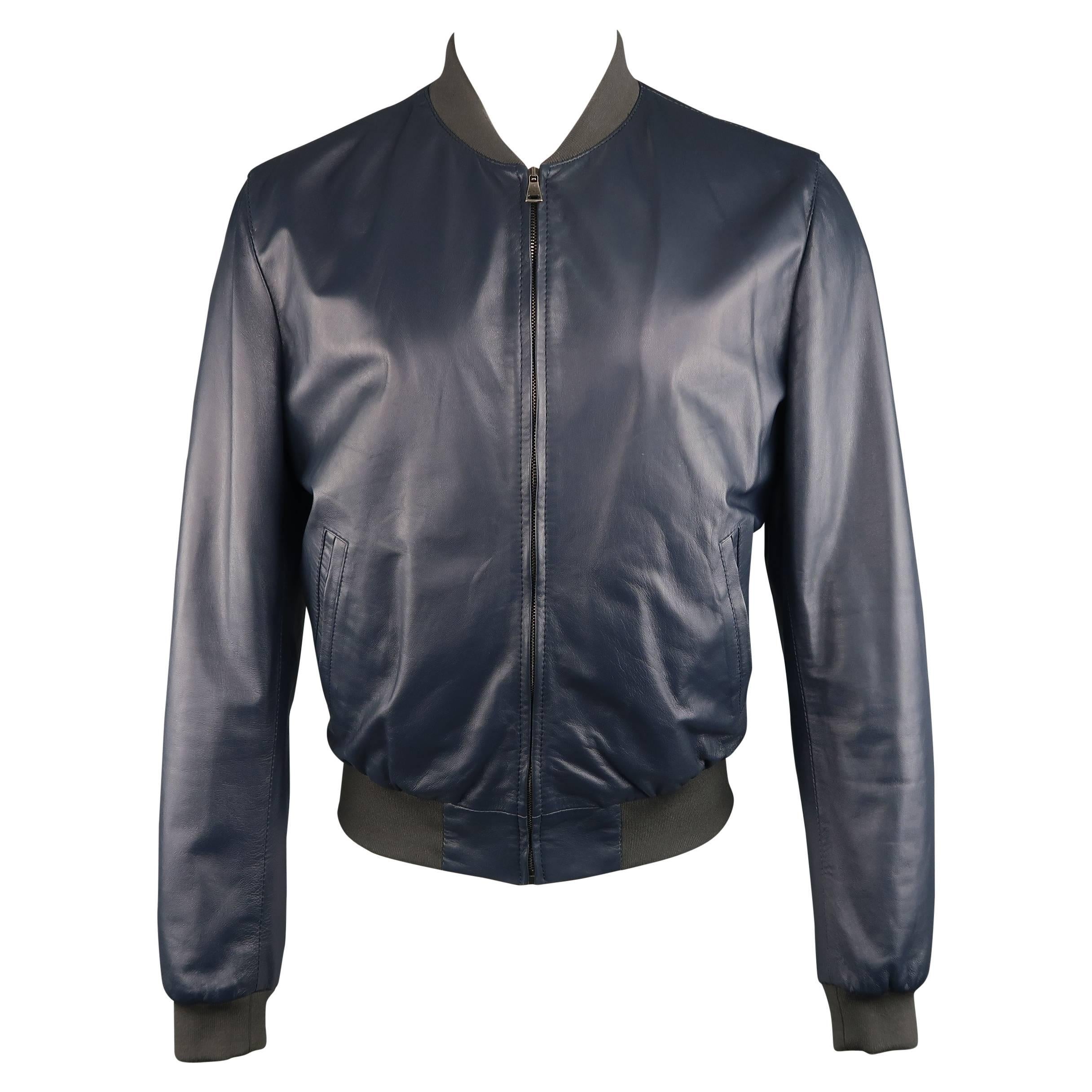 Men's DOLCE & GABBANA Jacket - Bomber Size 42 Navy Lambskin Leather Gray Cuff 
