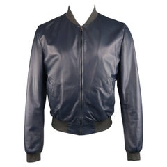 Men's DOLCE & GABBANA Jacket - Bomber Size 42 Navy Lambskin Leather Gray Cuff
