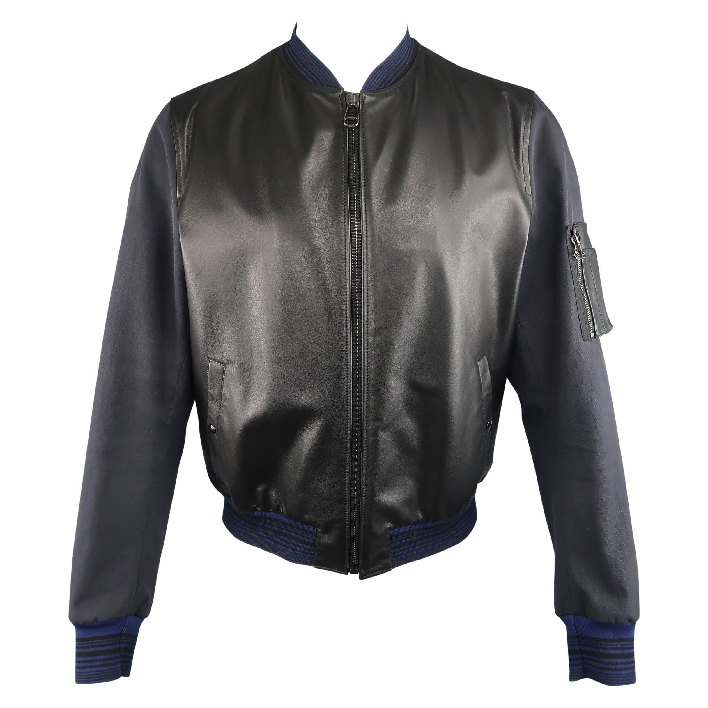 LANVIN Jacket Bomber - Black & Charcoal Leather & Canvas Blue Men's Coat