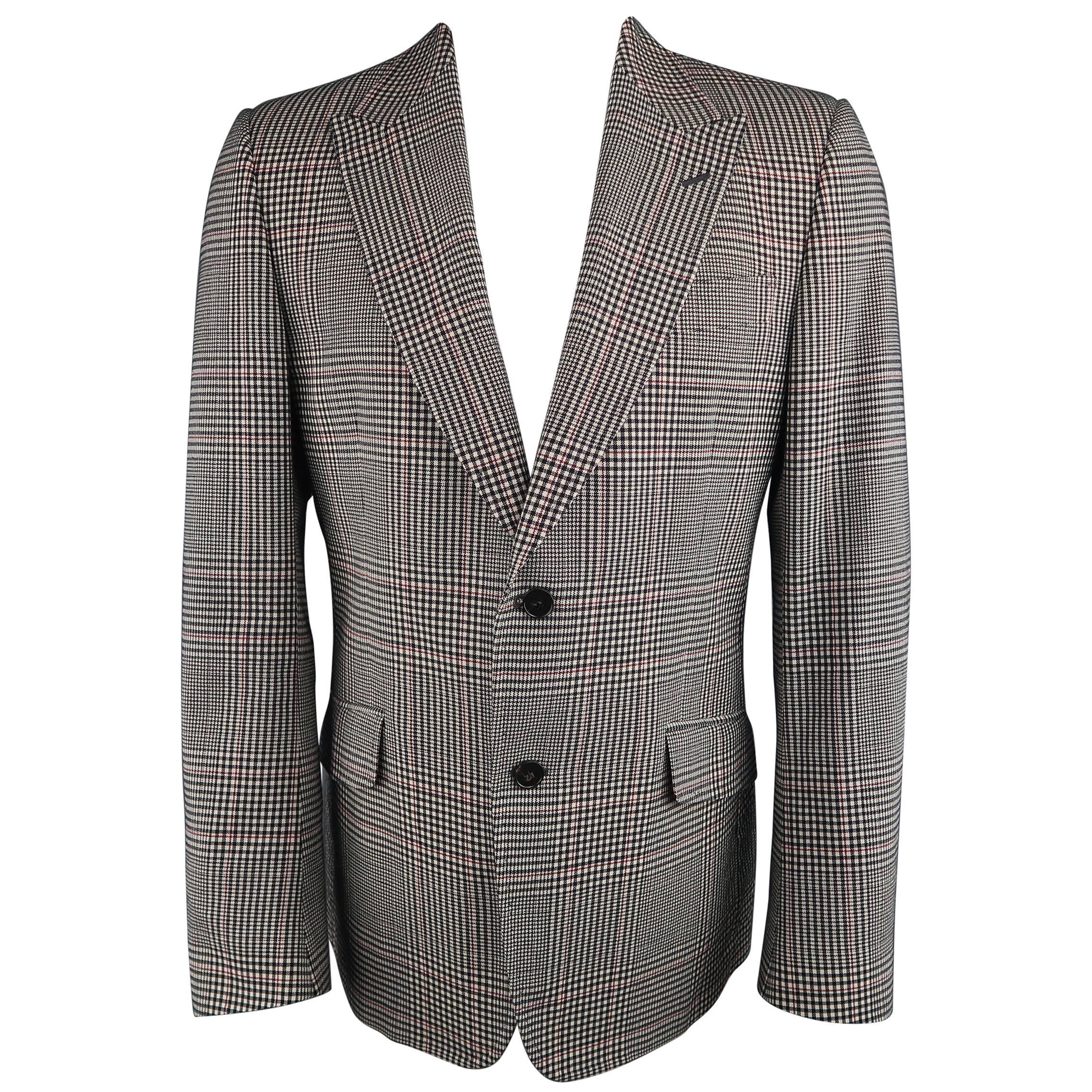 Men's GUCCI 42 Regular Black White & Red Glenplaid Peak Lapel Sport Coat