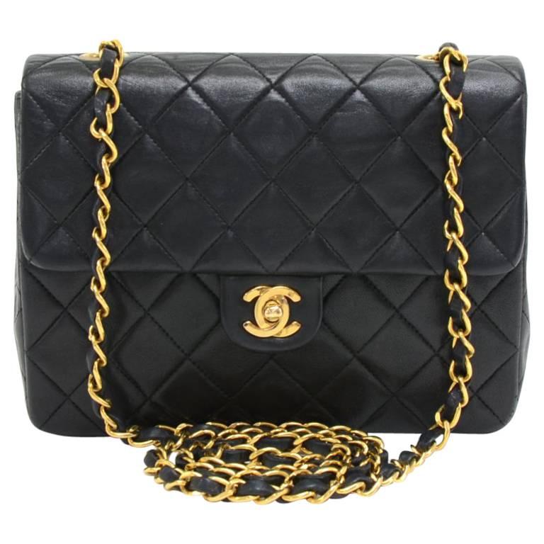 Chanel Vintage 8" Flap Black Lambskin Quilted Leather Mini Shoulder Bag