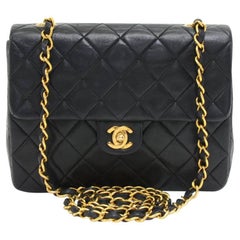 Chanel Vintage 8" Flap Black Lambskin Quilted Leather Mini Shoulder Bag