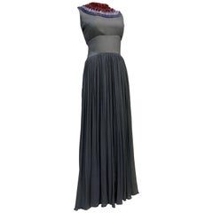 Vintage Christian Dior Couture Slate Silk Chiffon Gown with Jewel Encrusted Collar, 1968
