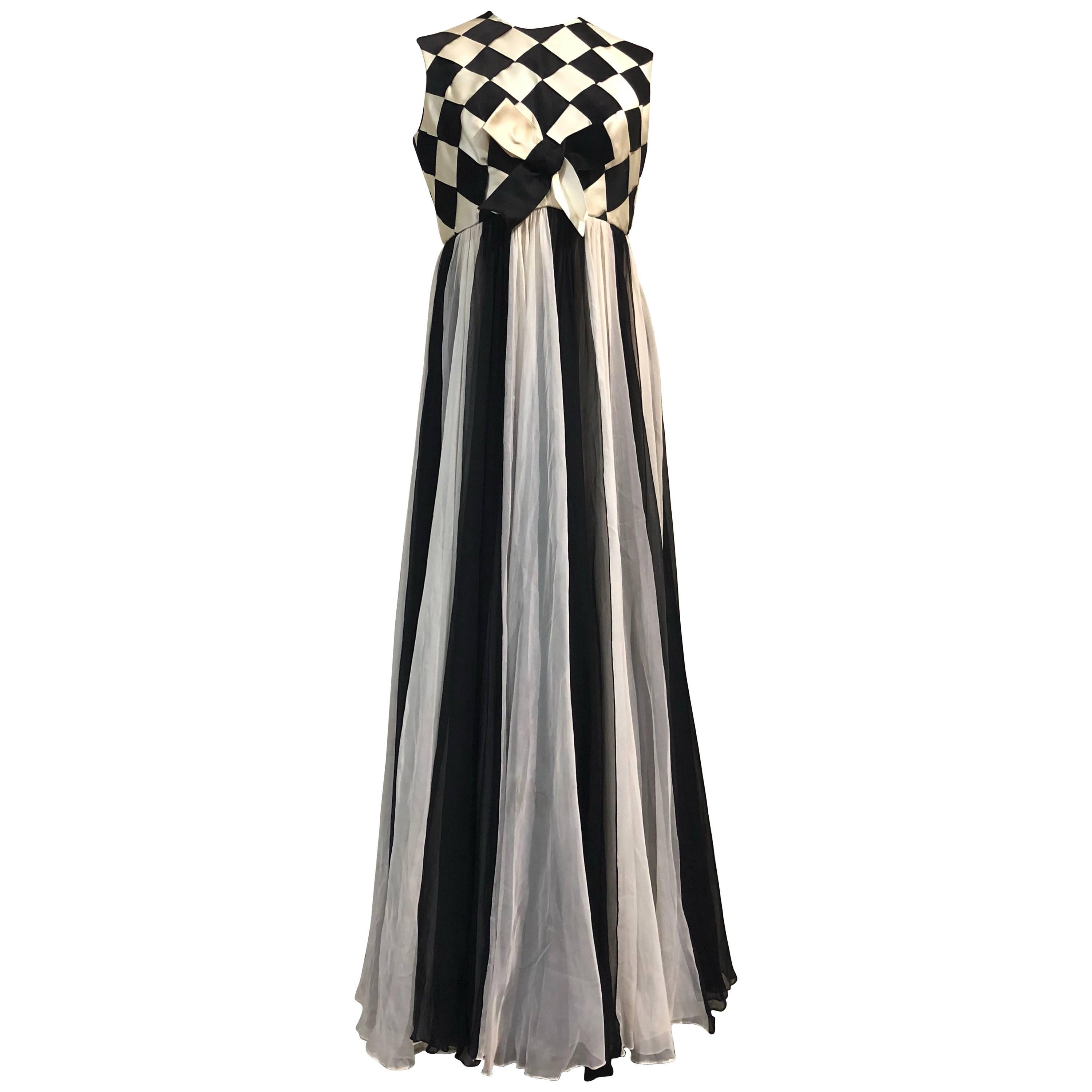 1960s Sarmi Black & White Harlequin Silk Ribbon & Chiffon Evening Gown 