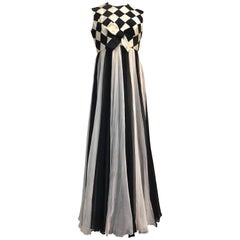 Vintage 1960s Sarmi Black & White Harlequin Silk Ribbon & Chiffon Evening Gown 