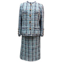 Retro Chanel Haute Couture blue wool skirt set, 1960s 