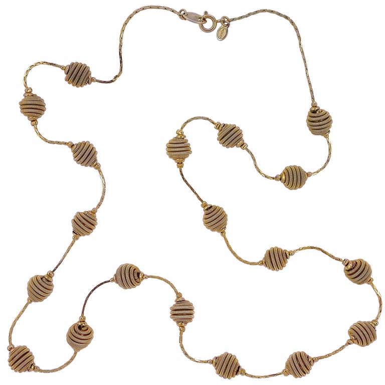 Long Gold Tone Spiral Ball and Chain Necklace at 1stDibs
