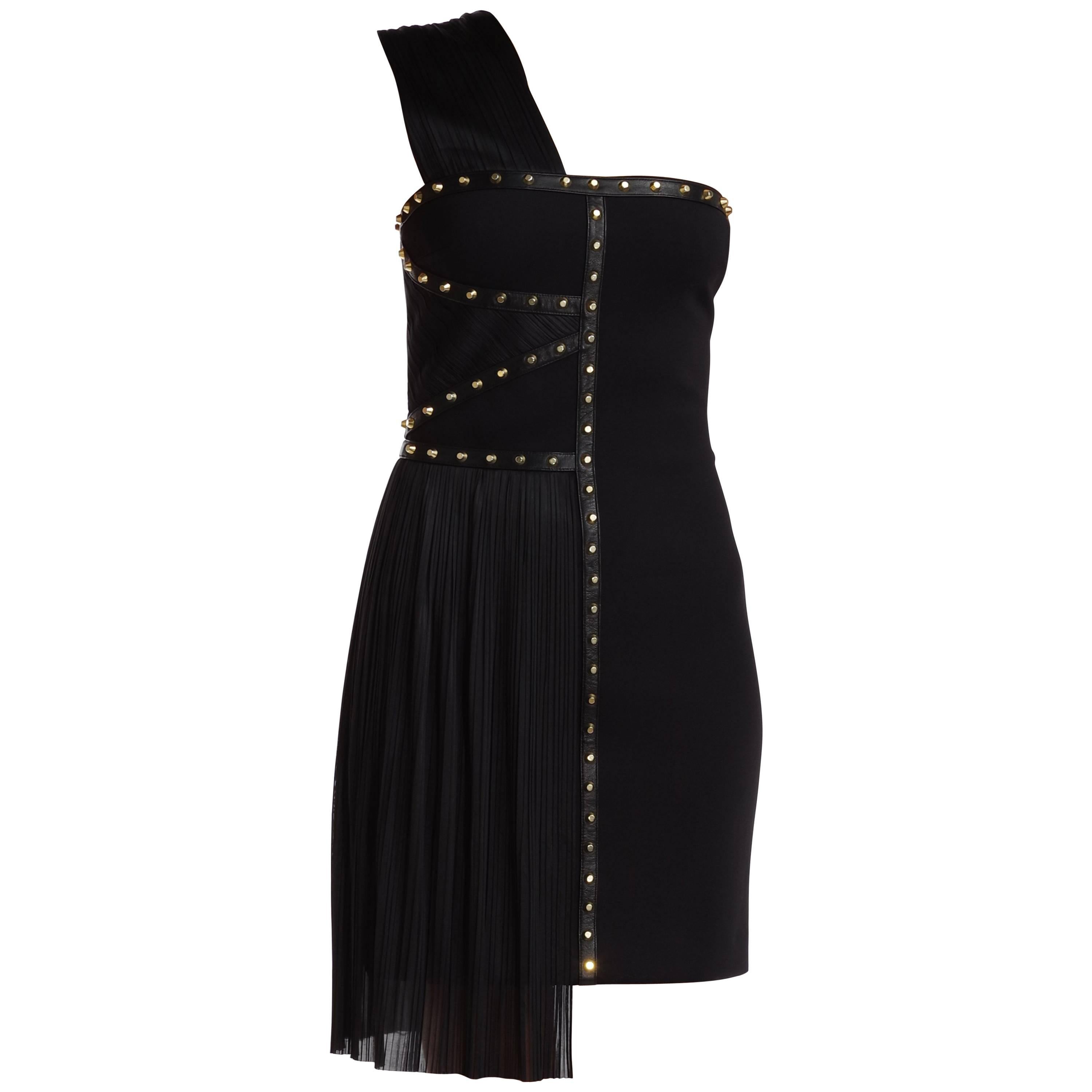S/S 2012 VERSACE One Shoulder Black Studded Dress For Sale