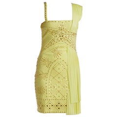 S/S 2012 VERSACE Yellow studded plissé and scuba-jersey dress