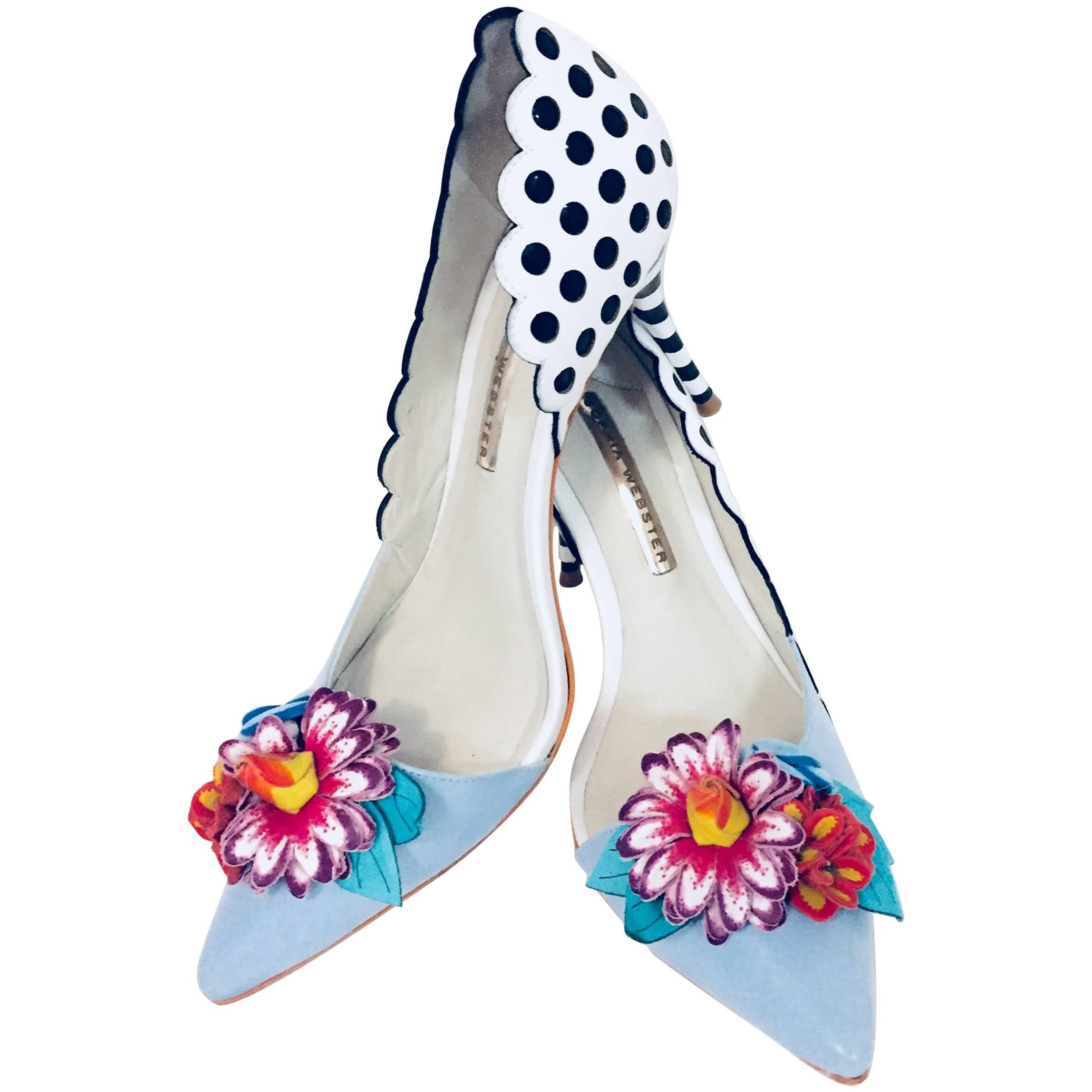 Sensational Sophia Black & White Polka Dots Dorsay Pumps w/ Embellished Flowers
