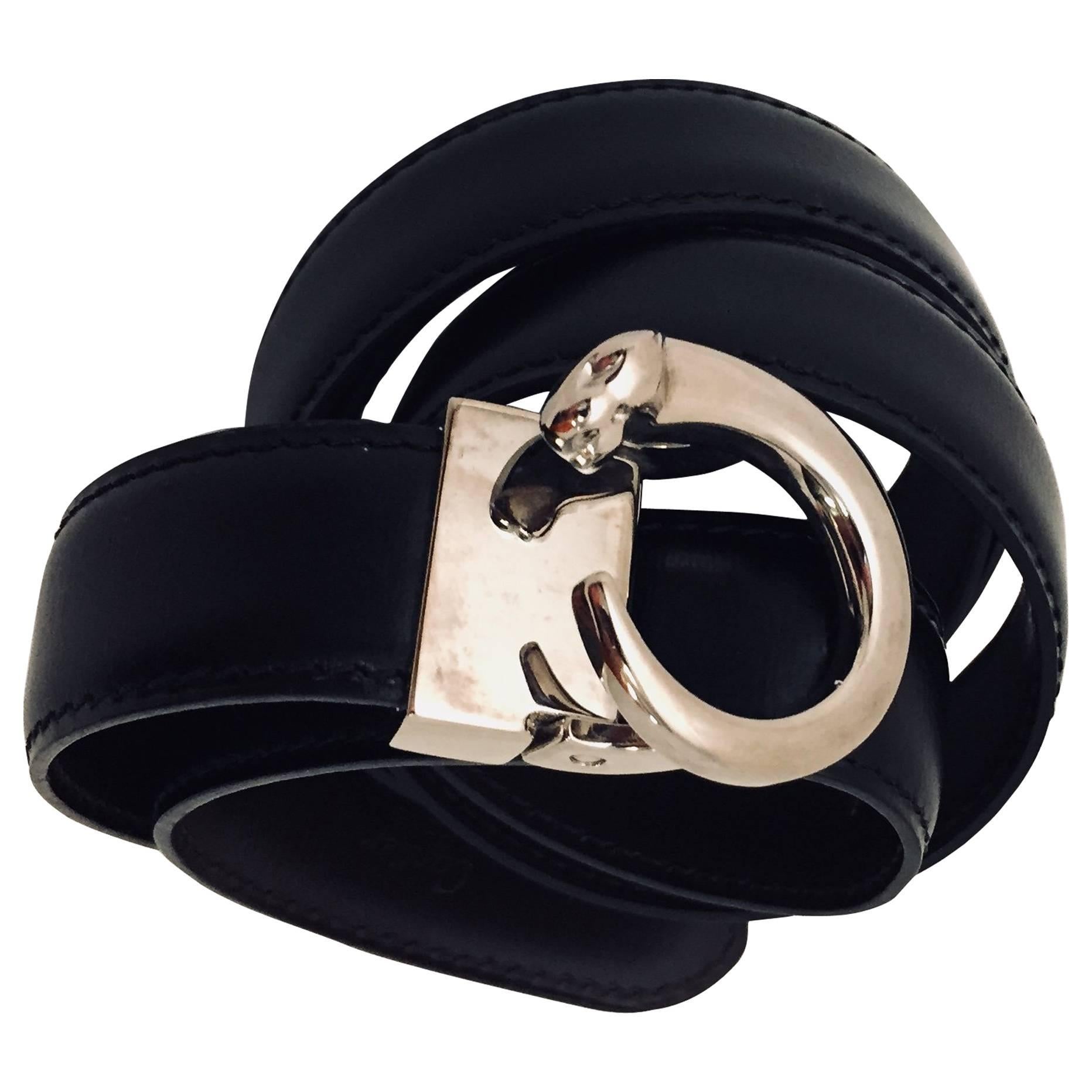 Cartier Silver Tone Panther Buckle and Reversible Black / Brown Leather ...