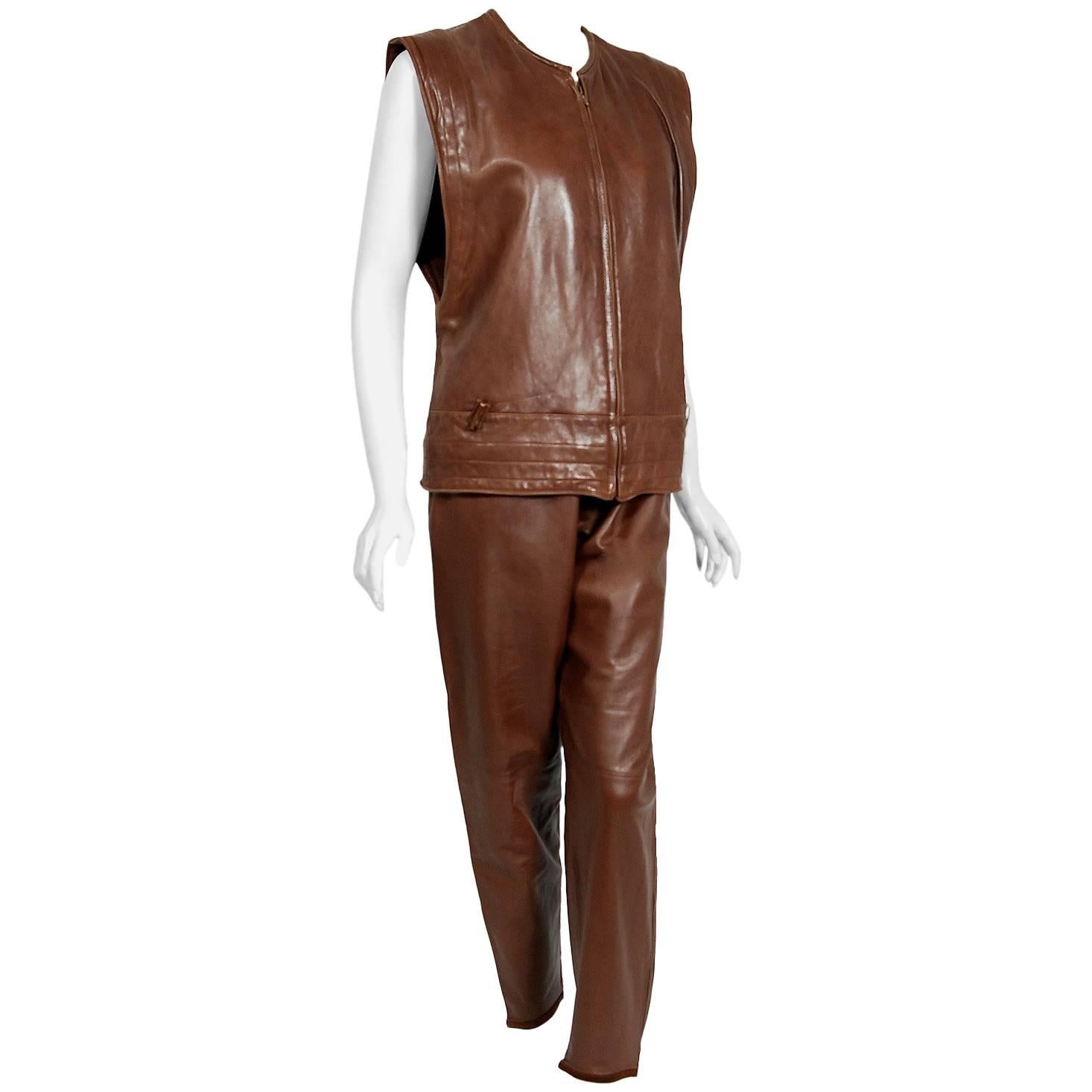 1984 Gianni Versace Couture Studded Brown Leather Vest and High Waist Pants