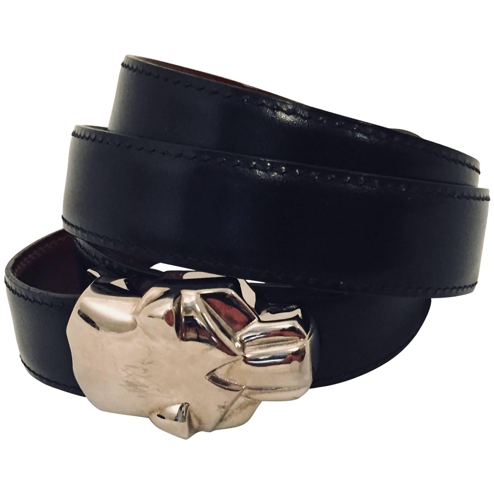 Cartier Silver Tone Panther Head Black/Brown Belt