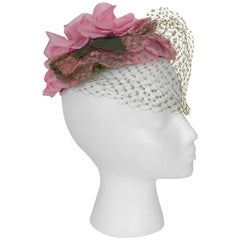 Retro Gilbert Orcel Rose Petal Cocktail Hat with Veil, 1950s