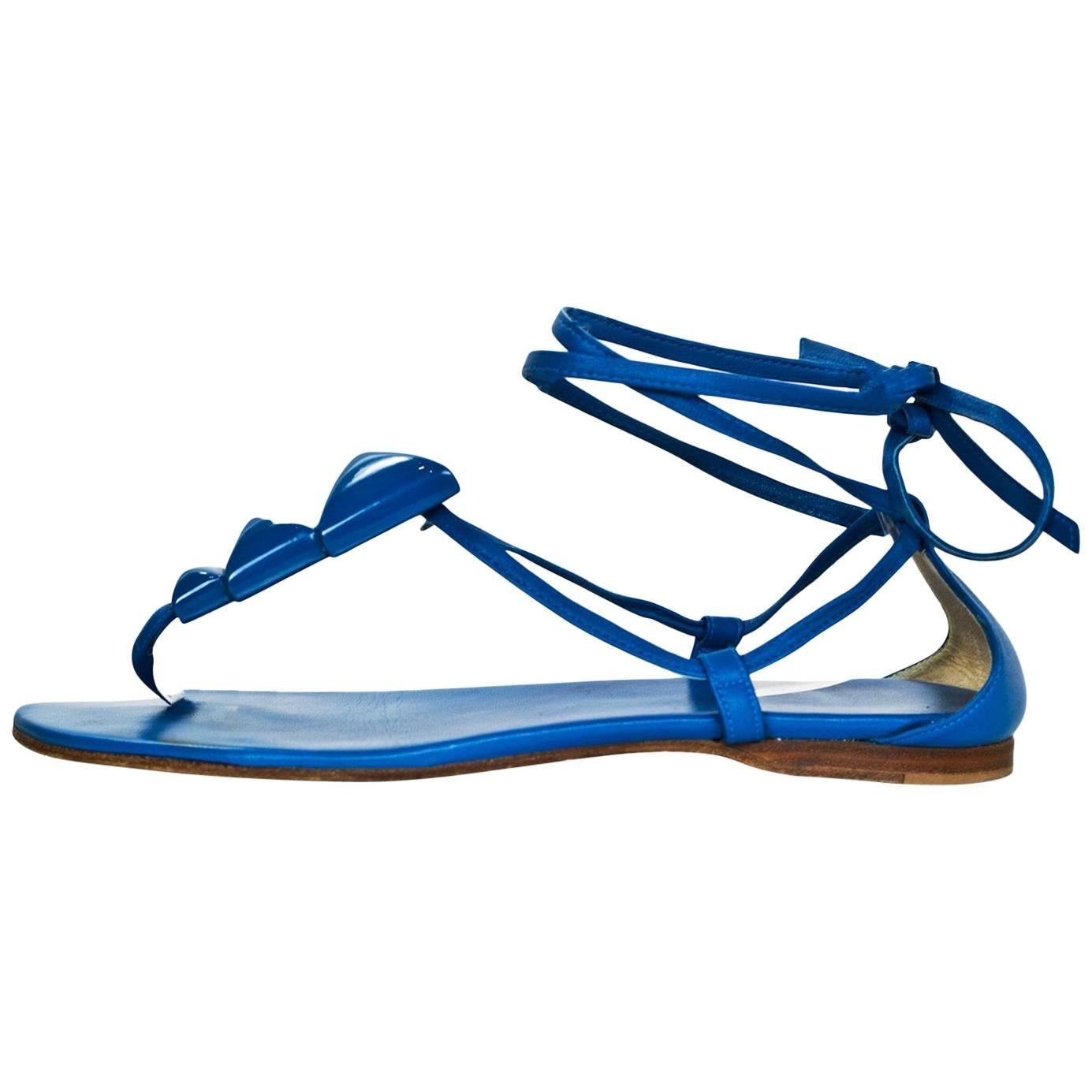 Hermes Blue Leather Wrap Sandals Sz 38 with DB