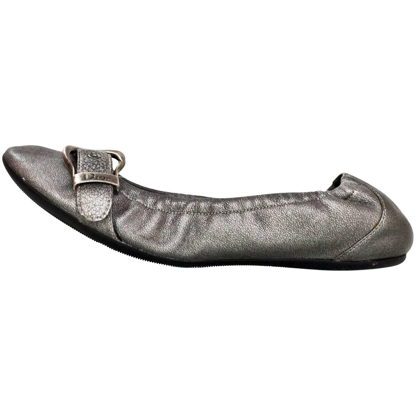 Christian Dior Silver Leather Stretch Flats Sz 37 with DB