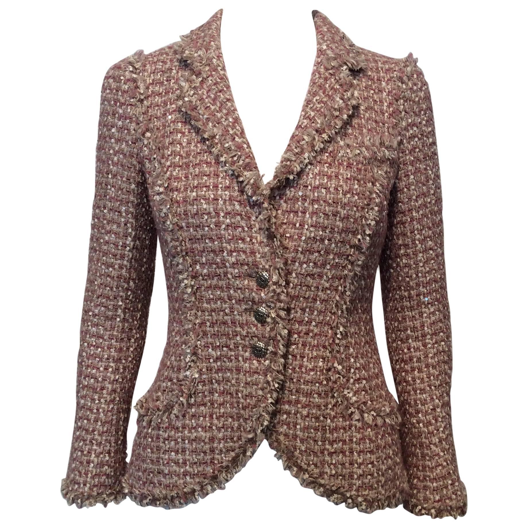 Chanel Beige Rose Tweed Jacket With Fringe Trim Sz34 (Us2)