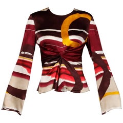 Christian Lacroix Abstract Printed Striped Silk Bell Sleeve Top/Shirt/Blouse