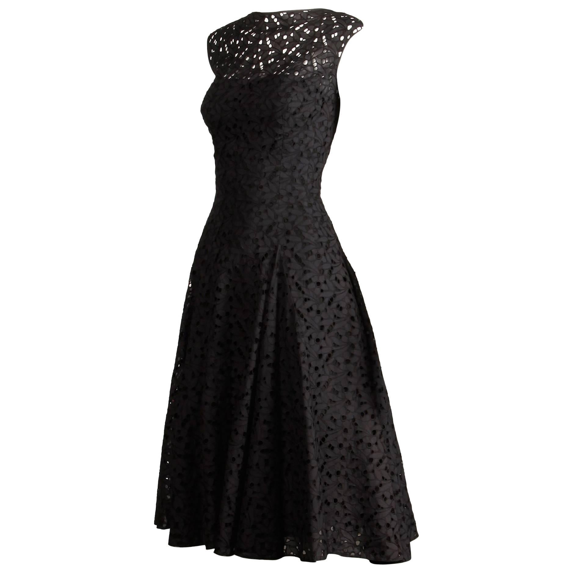 1950s Estevez Vintage Black Eyelit Lace Sleeveless Full Sweep Cocktail Dress