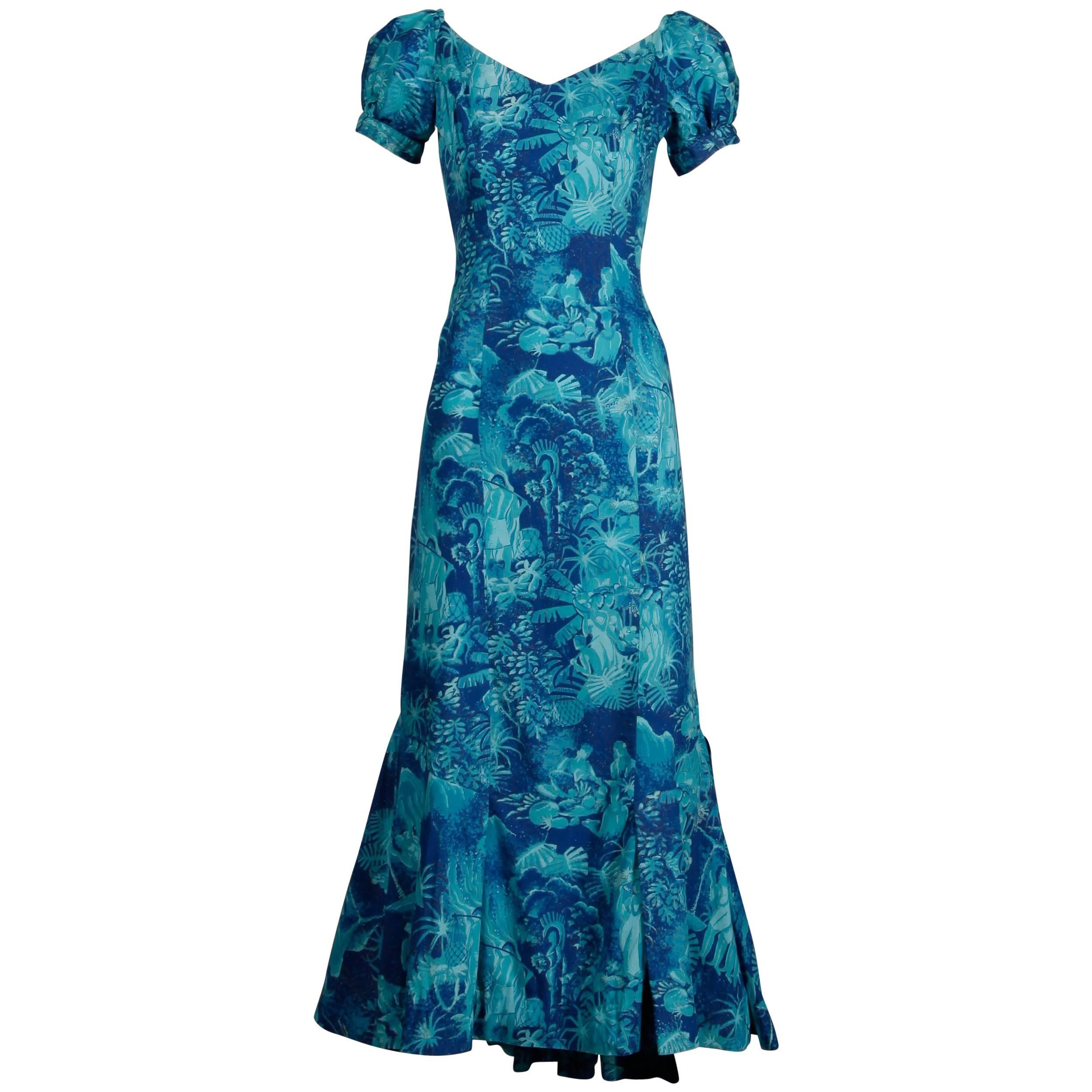 Rare 1940s-1950s Alfred Shaheen Blue + Gold Novelty Hawaiian Tikki Print Dress