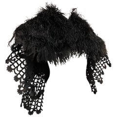 Victorian-Style Black Ostrich Feather & Tape-Lace Caplet