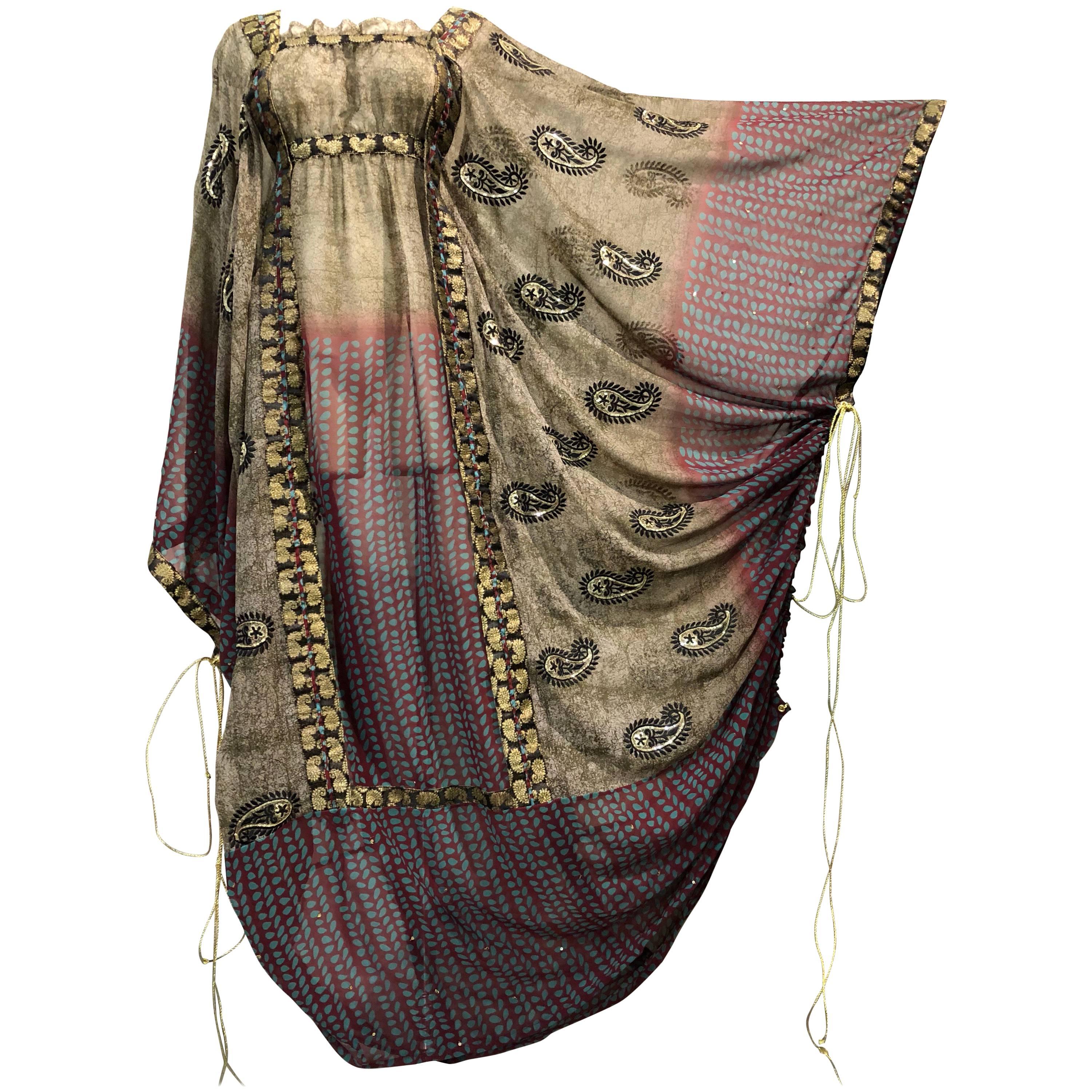 Custom-Made Thea Porter-Inspired Kaftan of Silk Sari Fabric w/Gold Draw Strings