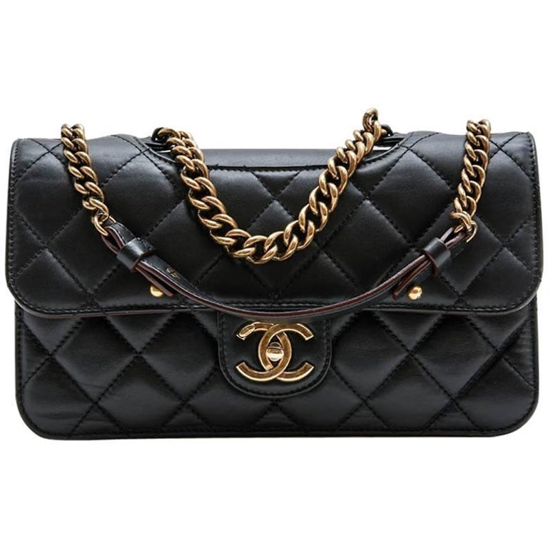 CHANEL 'Pondicherry' Double Flap Bag in Black Quilted Leather at