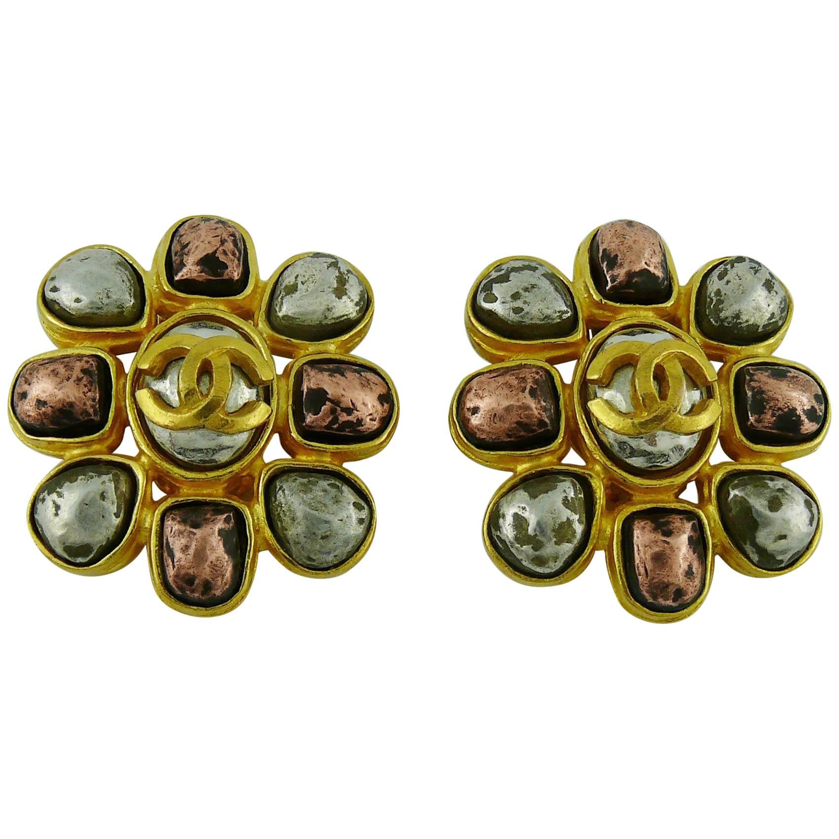Chanel Vintage Distressed Flower CC Earrings, 1997