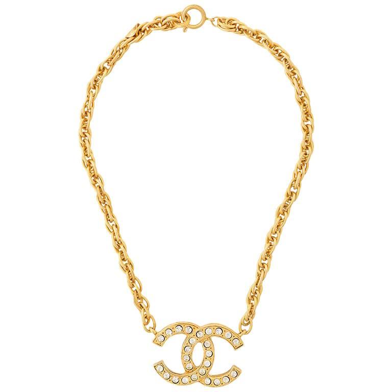 Chanel Gold Rhinestone Charm Single Strand Chain Link Choker Pendant Necklace 