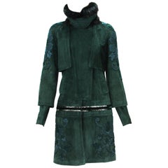 Tom Ford for Gucci - Manteau en daim vert forêt avec col en fourrure brodé, taille IT 42 US 6