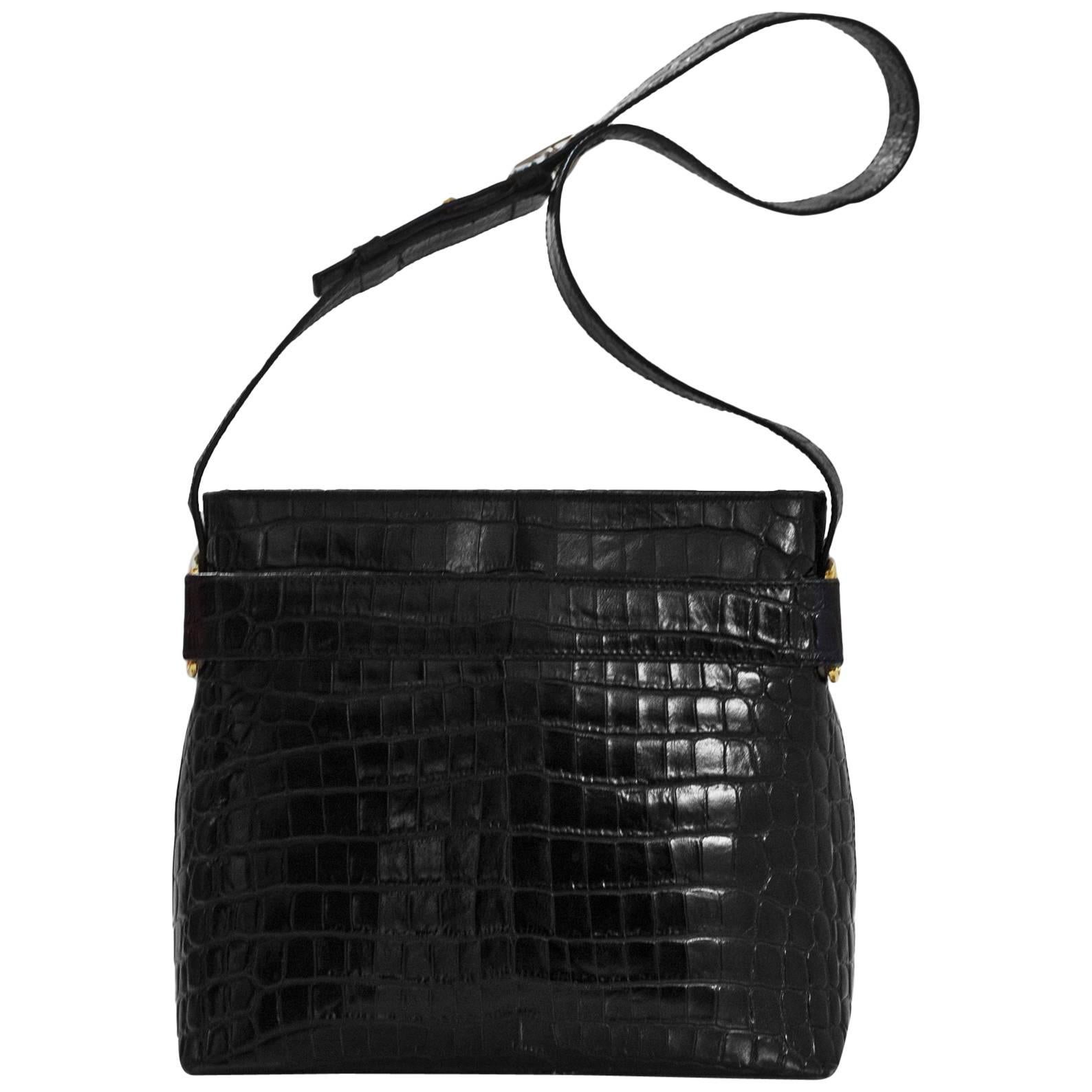 Salvatore Ferragamo Black Embossed Croc Shoulder Bag For Sale at ...