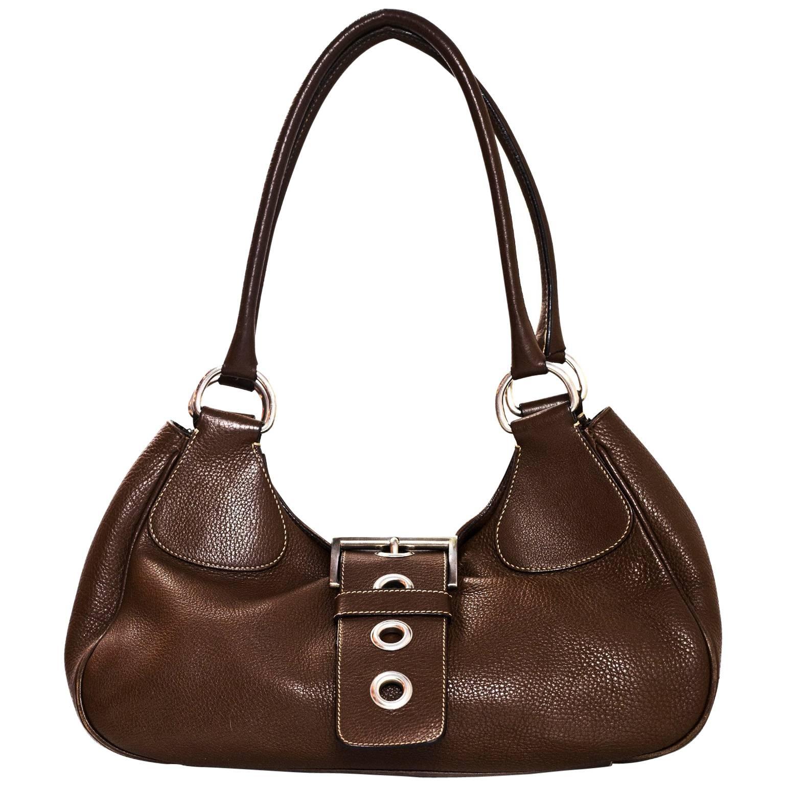 Prada Brown Leather Buckle Bag 